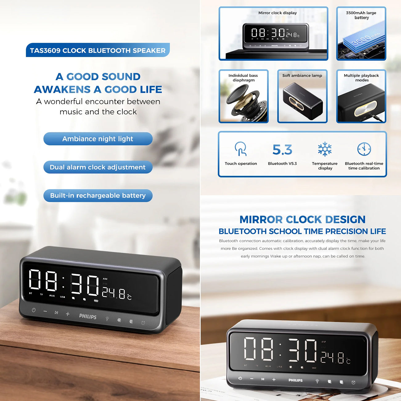 Philips TAS3609 Bluetooth Clock Speaker Grey