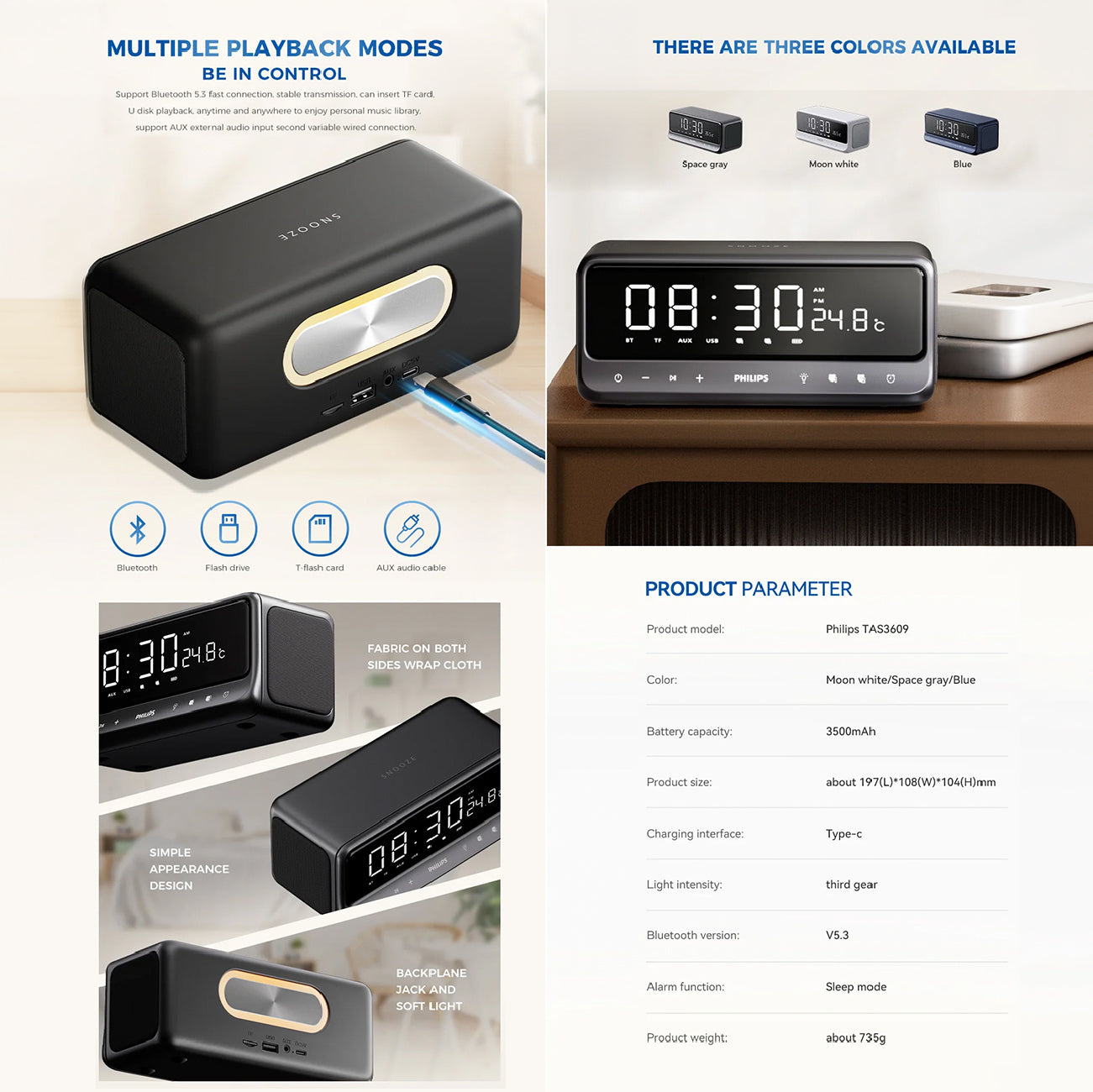 Philips TAS3609 Bluetooth Clock Speaker Grey