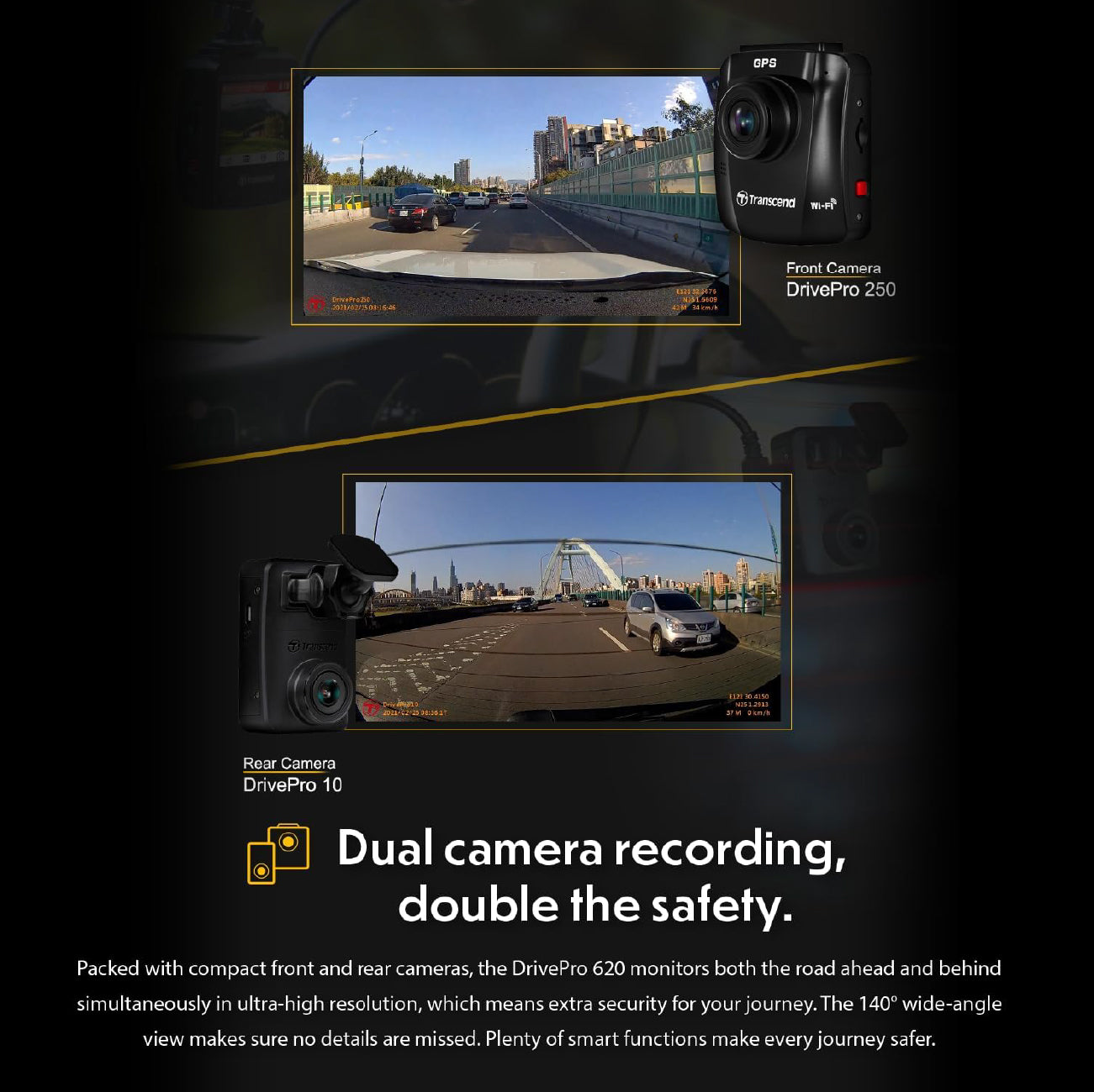 Transcend DP620 Dash Camera w/ Front& Rear Camera 64GB