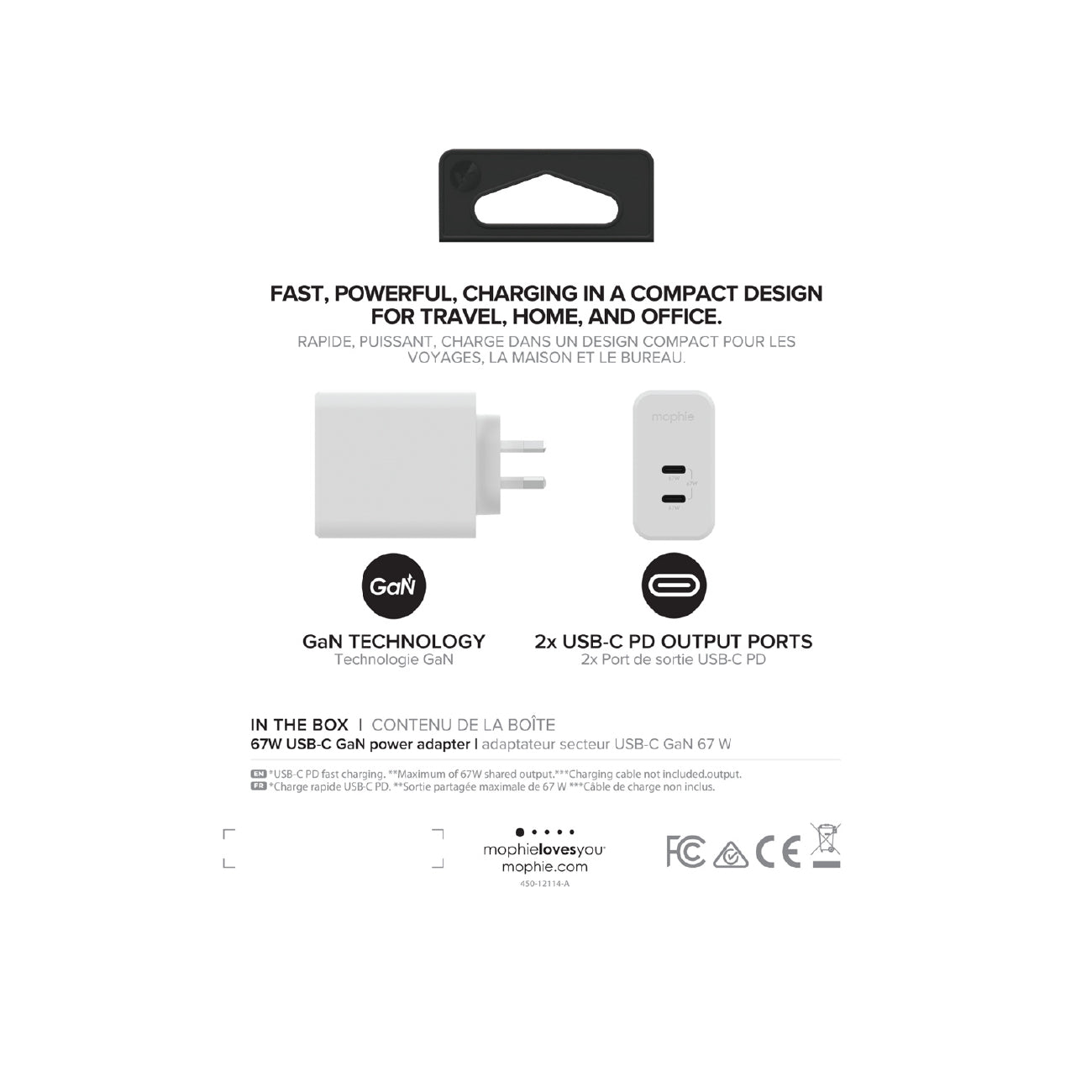 Mophie Wall Adapter USB-C PD DUAL 67W GAN White