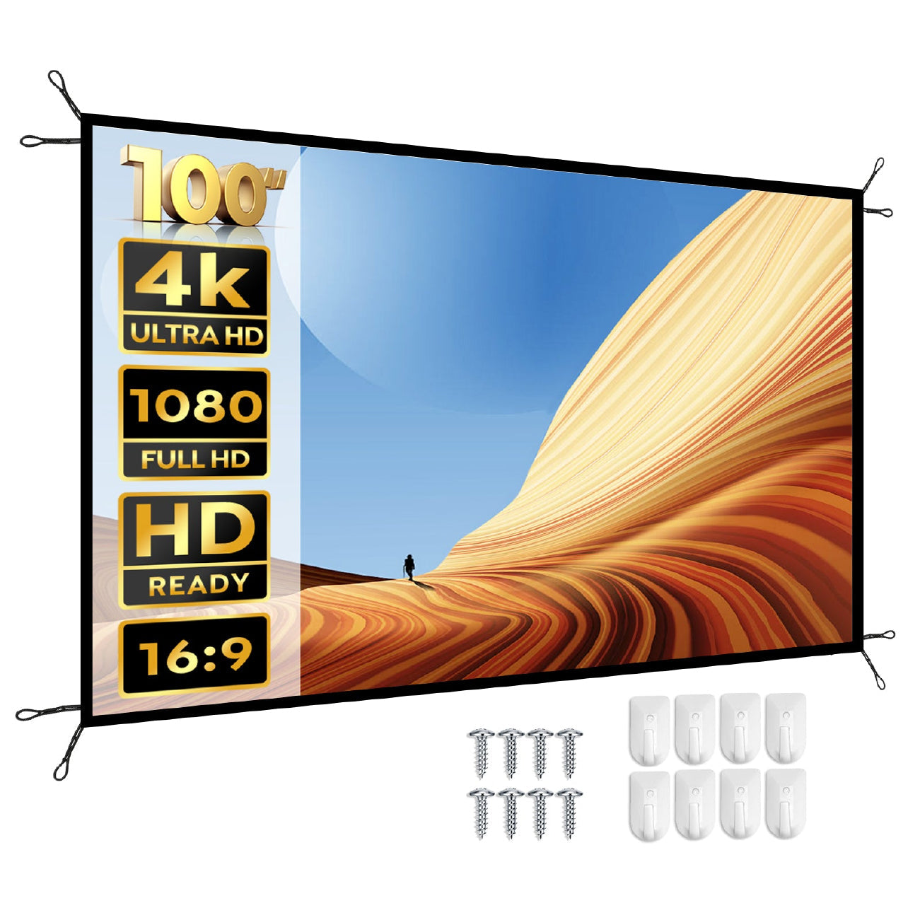 Yaber YS-100F 100inch Projector Screen can support 16:9 resoltuions including 1080p and 4k
