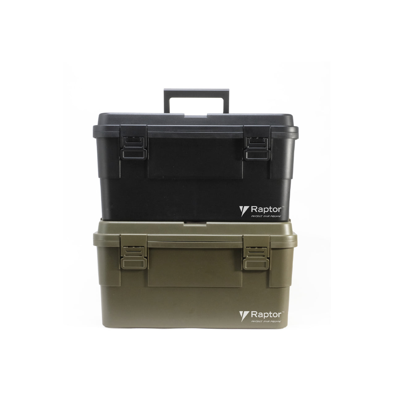 Raptor Storage 15L Stackable Tool box black and army green stacked on top of each other