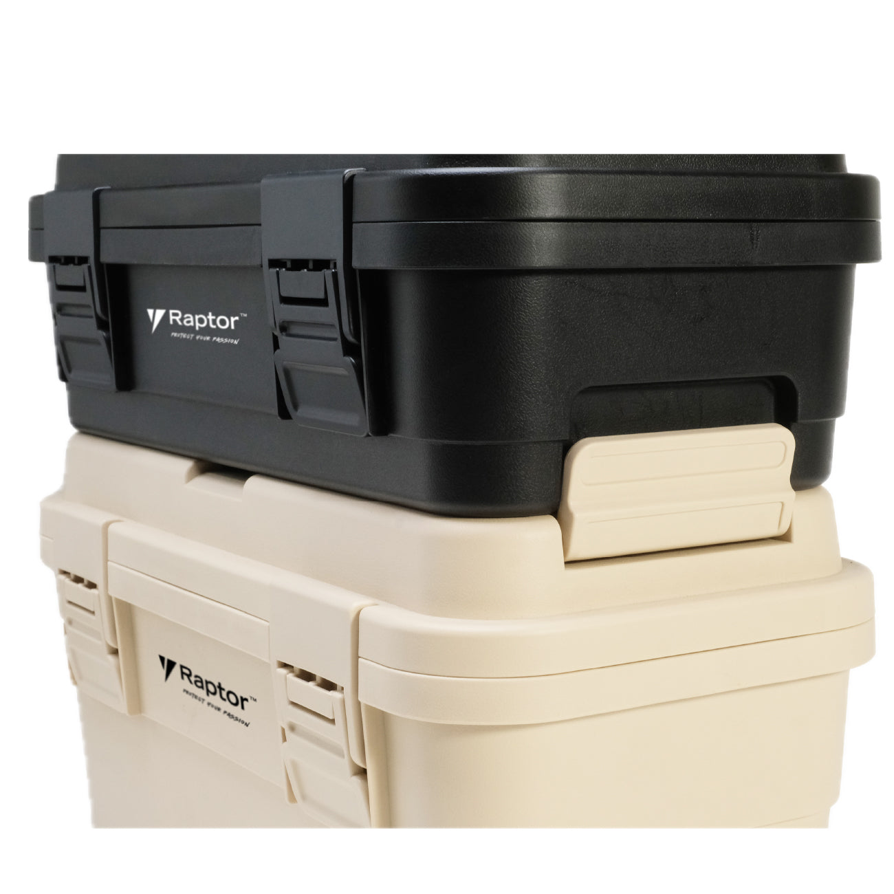 Raptor Storage 4.5L Stackable Tool box Black and Beige stacked on top of each other